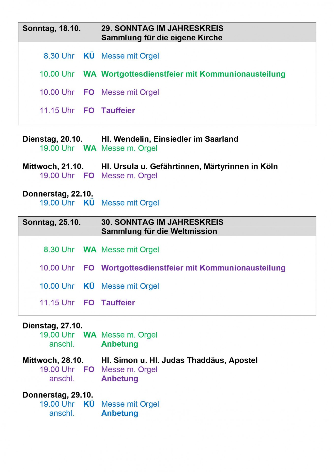 Gottesdienstordnung Oktober 2020